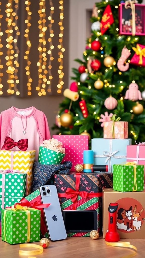 A collection of Christmas gifts for teen girls, including clothing, accessories, and gadgets, arranged under a Christmas tree.